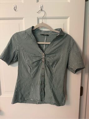 Gingham Button-Front Short Sleeve Blouse - Green